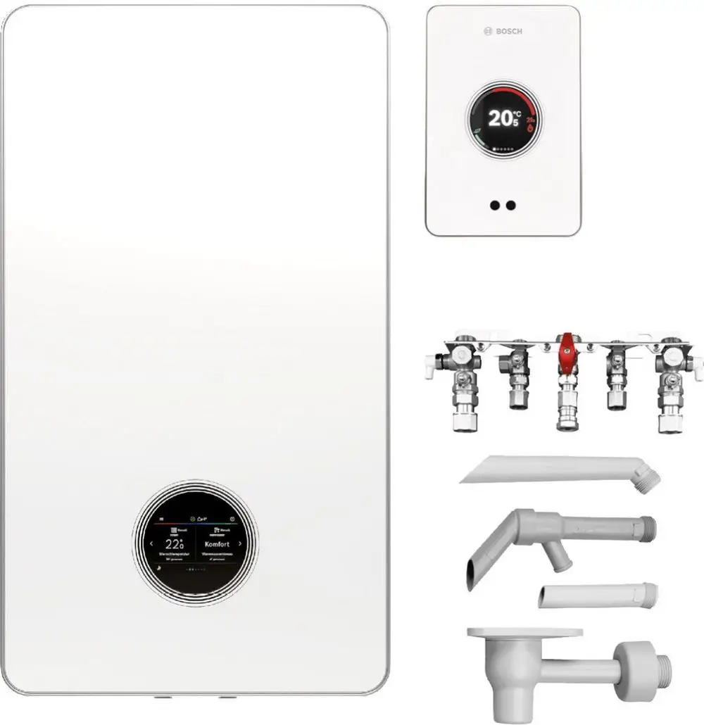 Weißes Heizgerät von Bosch mit digitalem Display, Temperaturanzeige und Steuerung. Zubehörteile und Rohrleitungen für die Installation sind ebenfalls abgebildet.